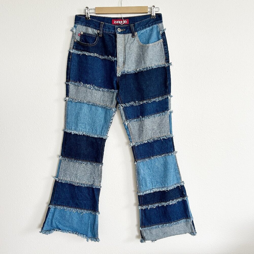 Vtg Y2K 90's Zana Di Jeans Women 11 Patchwork Flare Denim Raw Hem Grunge Skater